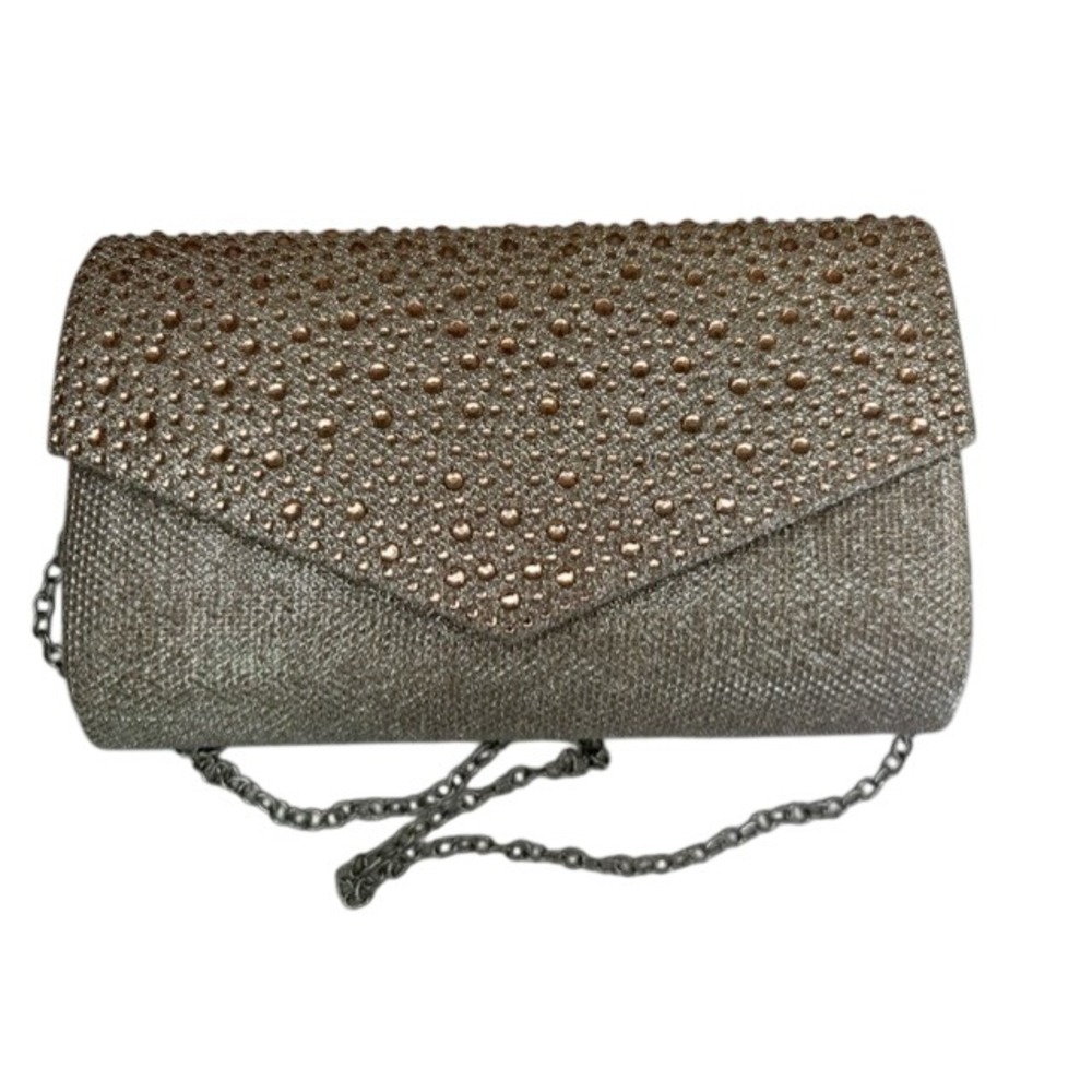 Womens Metallic Gold Studded Envelope Evening Clutch Chain Strap Shoulder Bag